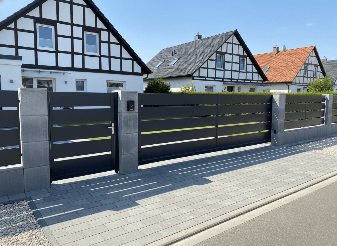Moderner Aluminiumzaun mit Betonsäulen vor Fachwerkhäusern