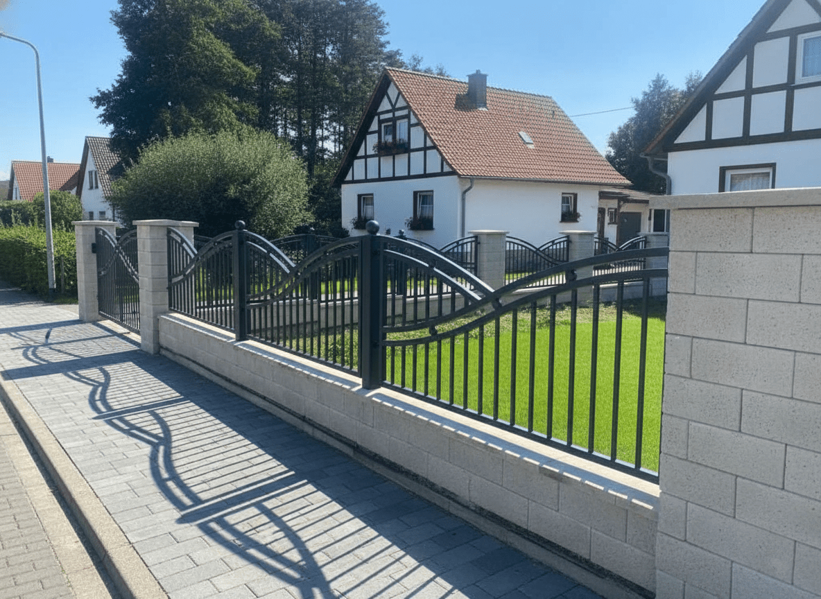 Moderner Metallzaun mit Betonpfeilern vor Fachwerkhäusern