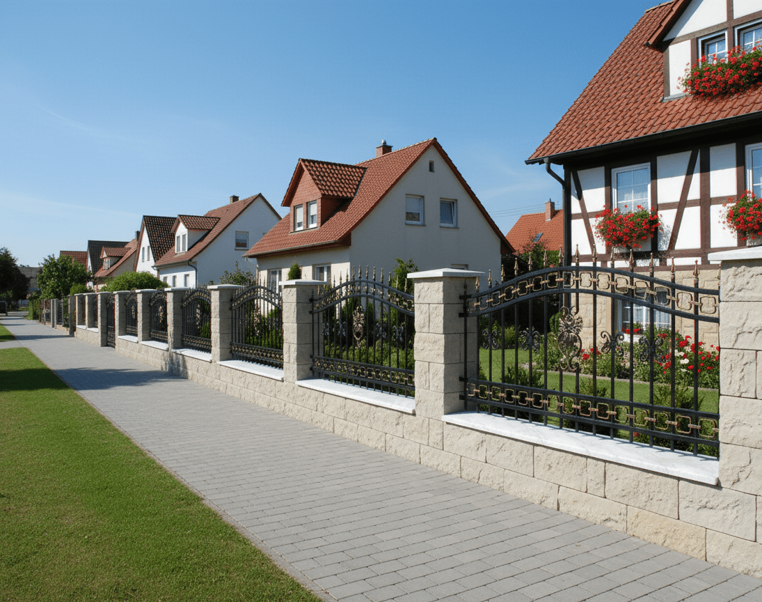 Moderner schmiedeeiserner Zaun mit beigen Natursteinpfeilern