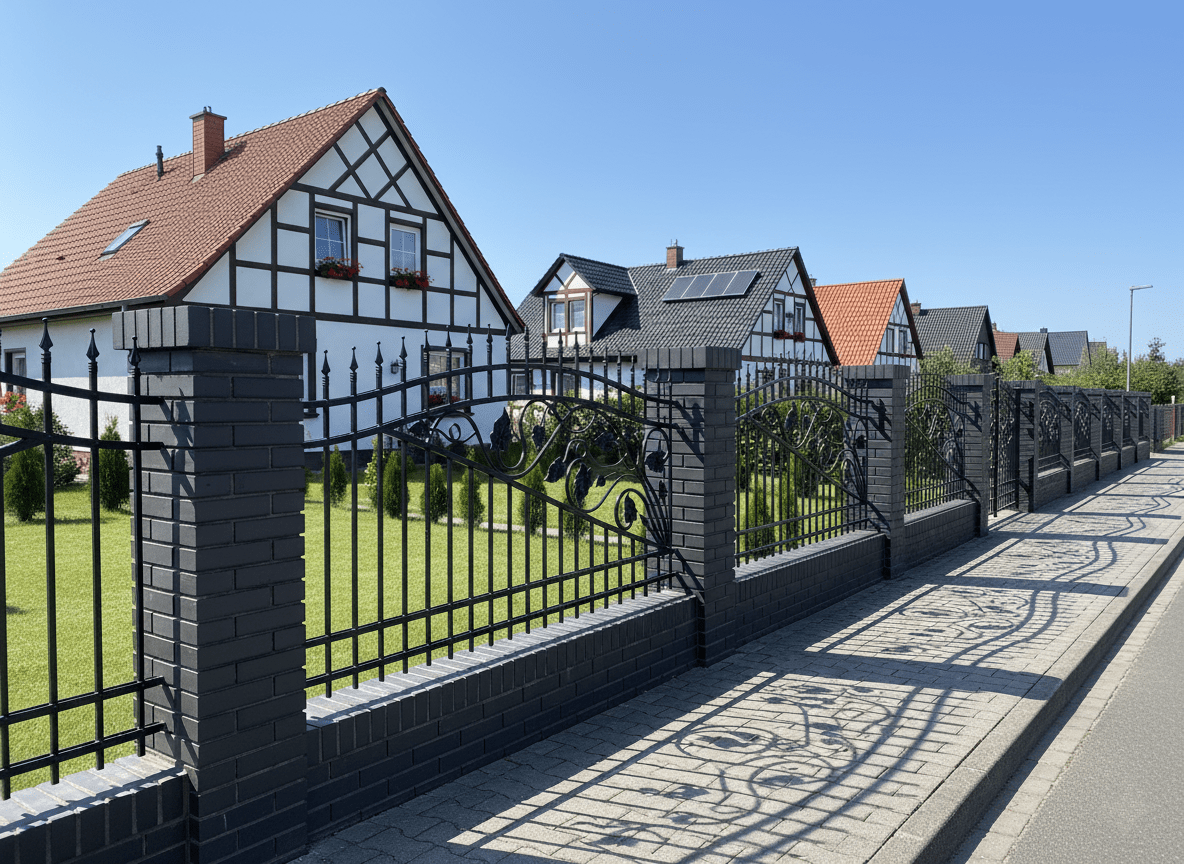 Schmiedeeisenzaun mit dunklen Ziegelpfeilern vor Fachwerkhäusern