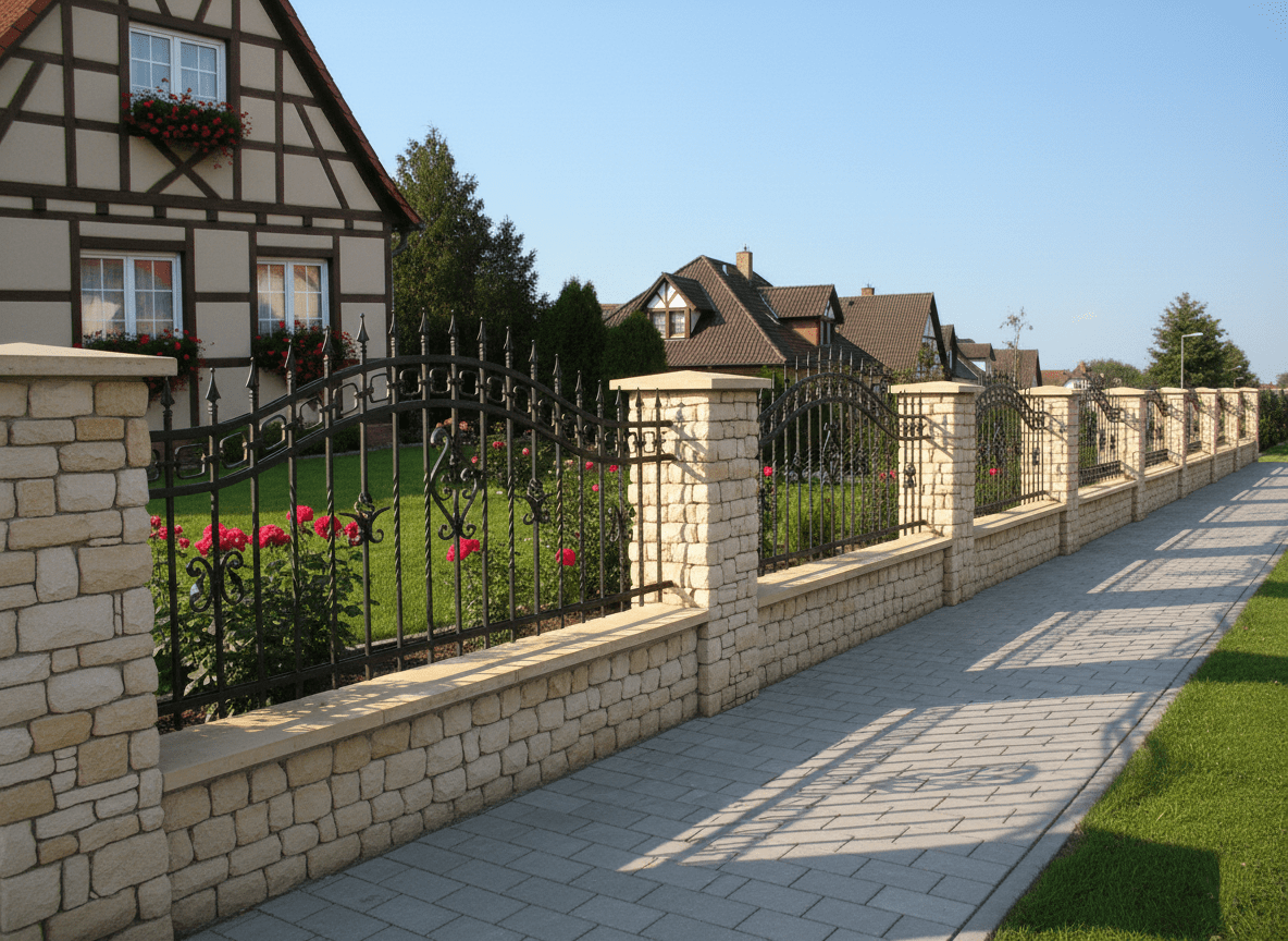 Schmiedeeiserner Zaun mit hellen Natursteinpfeilern