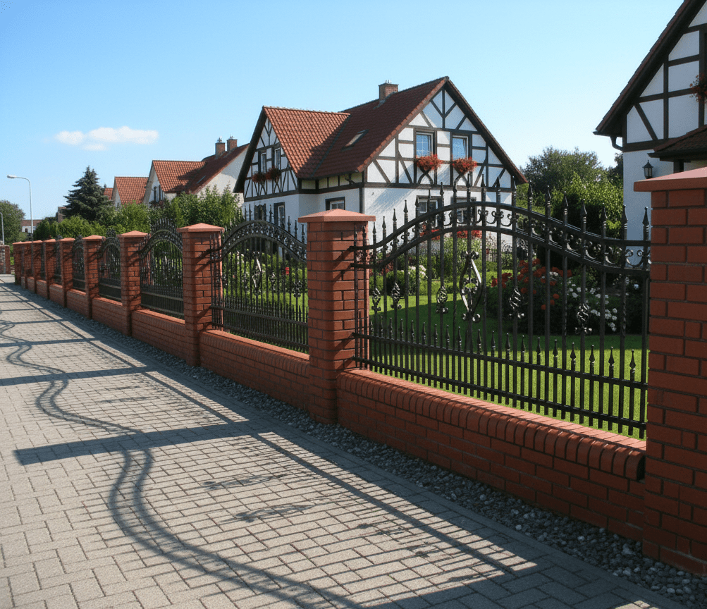 Schmiedeeiserner Zaun mit roten Backsteinpfeilern