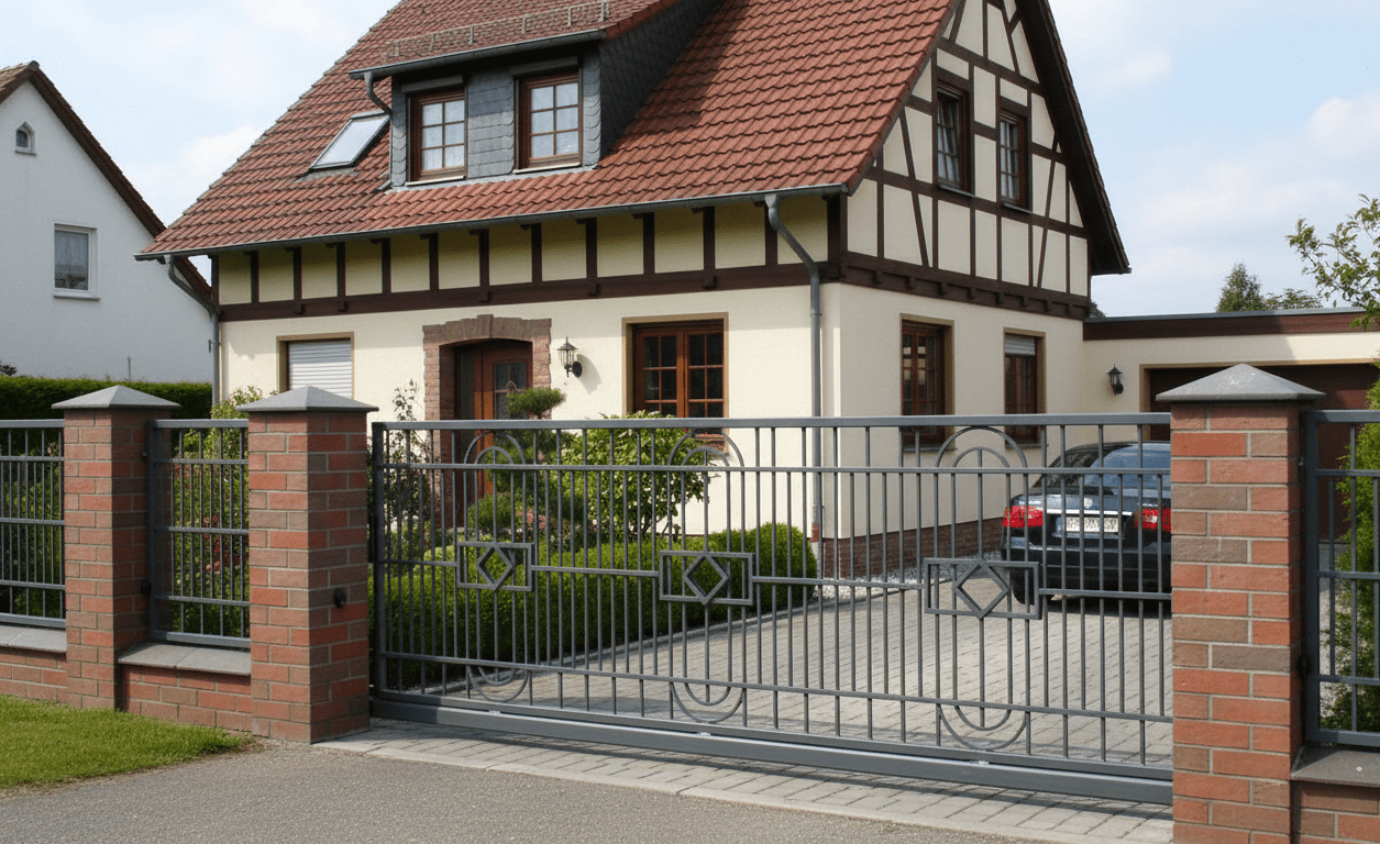 Schmiedeeisernes Schiebetor vor Haus mit Fachwerkfassade