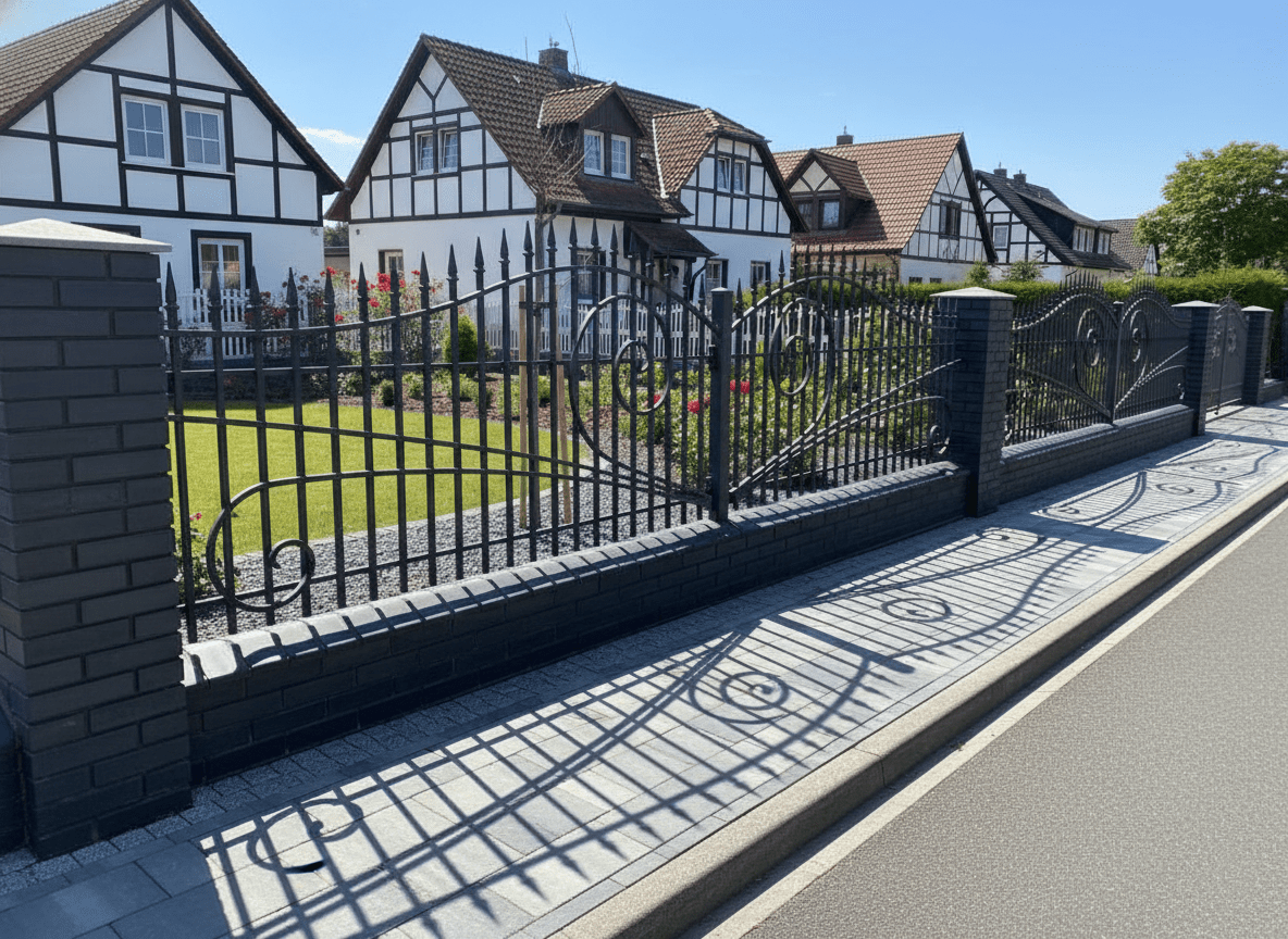 Schwarzer Schmiedeeisenzaun mit Ziegelpfeilern vor Fachwerkhäusern