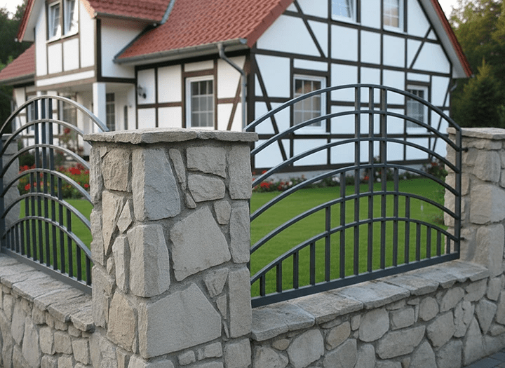 Steinzaun mit Metallelementen