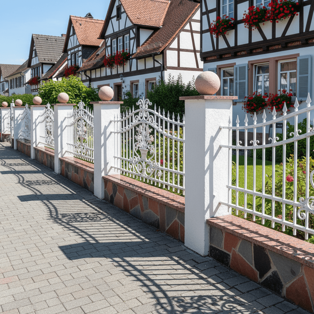 Weißer geschmiedeter Gartenzaun mit Steinmauer und Fachwerkhäusern