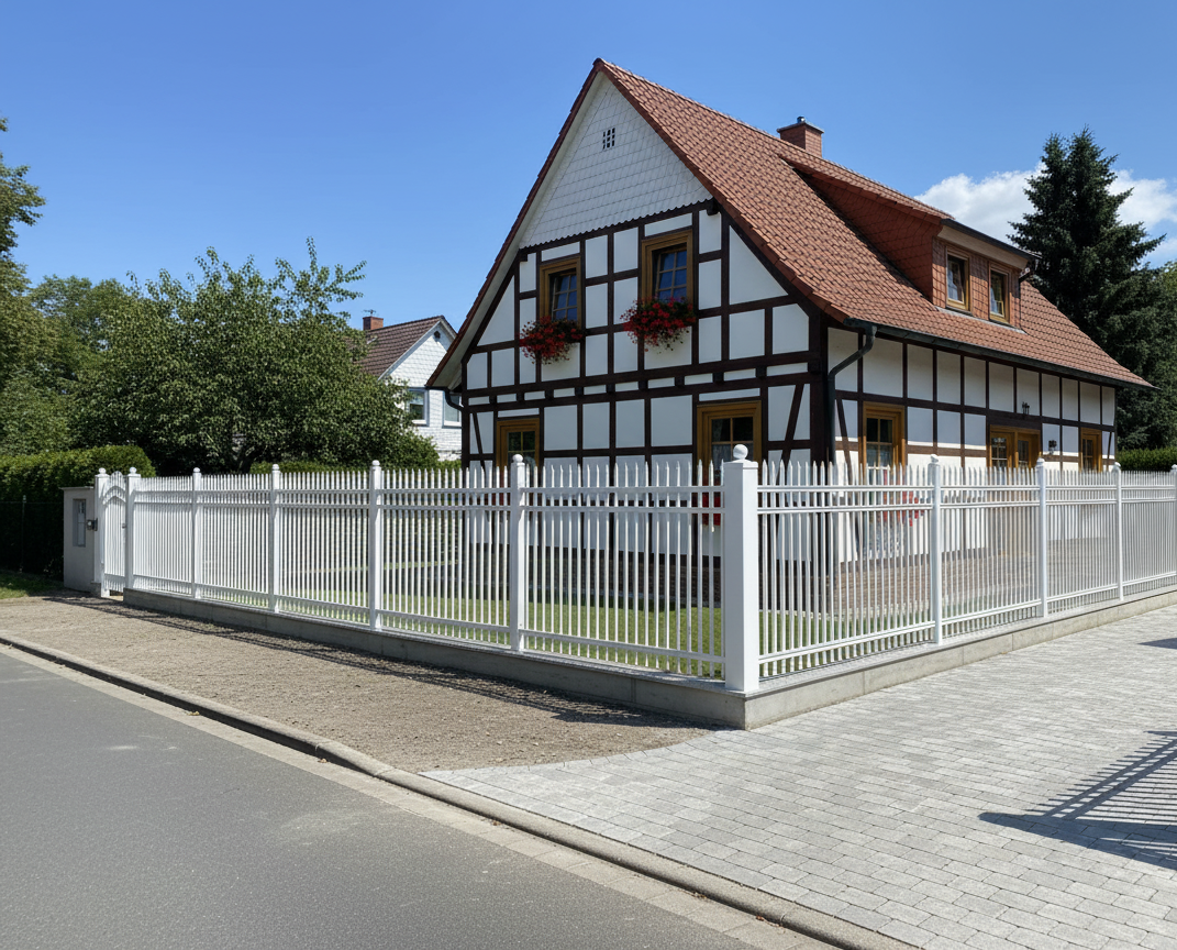 Weißer Zaun vor Fachwerkhaus