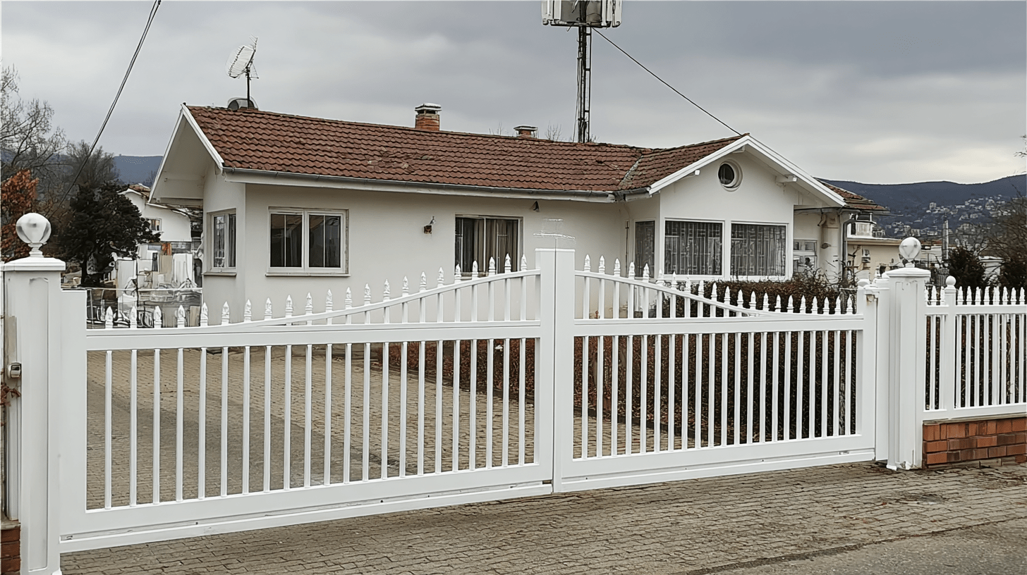 Weißes Einfahrtstor mit dekorativen Spitzen