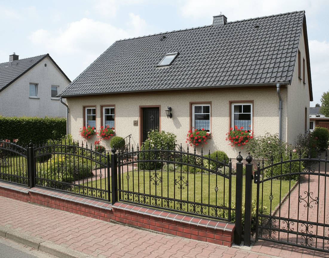 Zierzaun aus Schmiedeeisen vor Einfamilienhaus